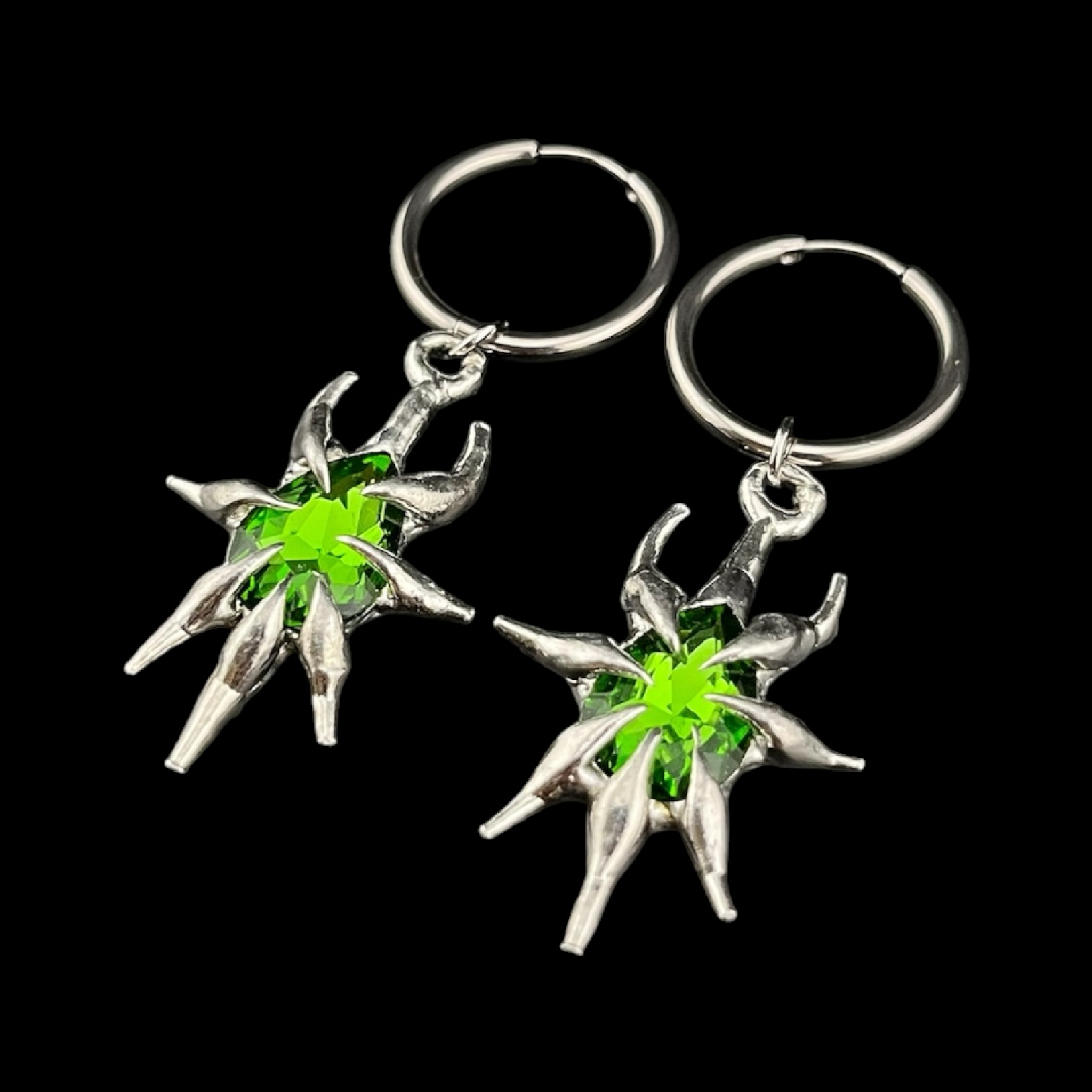 Reina Ataecina green teardrop glass hoop earrings handmade by SparkHaze — worn view